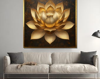 Stampa su tela con loto dorato, elegante arte murale zen