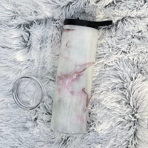30oz Duo Skinny Straight Epoxy Resin Tumbler, Glows!!  Rose gold and pink marble with sparkly glitter. 2 Lids-Boho soft colors. Perfect gift
