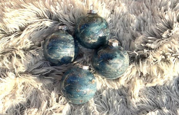 Epoxy Resin Ornaments - Hand Decorated Blue Round Christmas Bulbs with Sparkling Sliver and Blue Glitter- Christmas Bauble - Set of 4