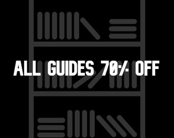 May include: A black and white illustration of a bookshelf with three shelves full of books. The text "ALL GUIDES 70% OFF" is below the bookshelf.