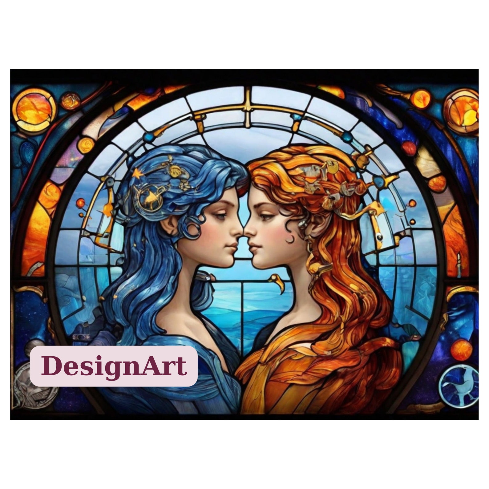 Gemini Horoscope Stained Glass Sublimation Design, Gemini Stained Glass