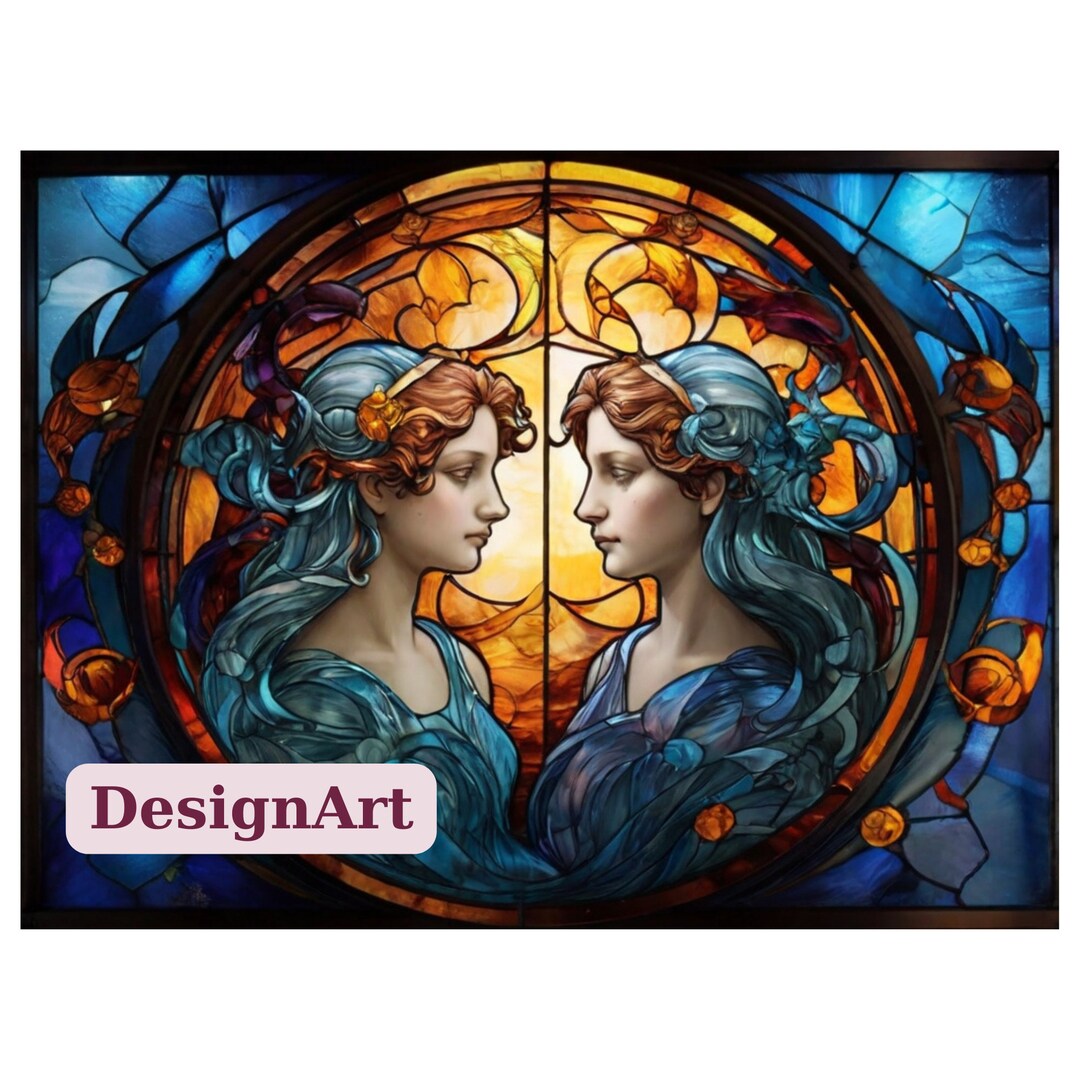 Gemini Horoscope Stained Glass Sublimation Design, Gemini Stained Glass