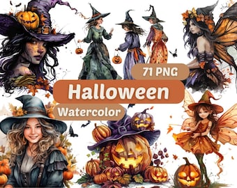 Watercolor Halloween Clipart | Halloween PNG | PNG Bundle | Halloween Characters | Halloween Pumpkin Clipart