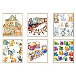 Giocattoli 62 PNG Acquerello Clipart / Poster per la cameretta dei bambini / Pacchetto PNG / Download digitale / Arte ad acquerello / Design per t-shirt / Uso commerciale