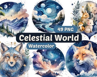 Celestial World Watercolor  Clipart | Mystical Moon PNG | Stars & Galaxy Illustrations | Watercolor Art | Cosmic Digital Art