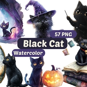 Cute Black Cat Watercolor Clipart | Black Cat PNG | PNG Bundle ...