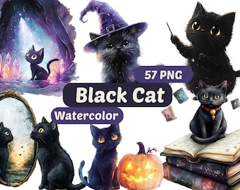 Clipart aquarelle mignon chat noir | Chat noir PNG | Ensemble PNG | Téléchargement numérique | Aquarelle | Graphiques de chat | Animaux PNG
