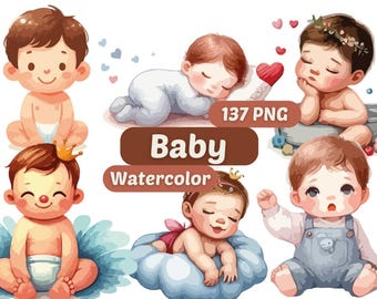 Baby Watercolor Clipart | Cute Baby Shower Clipart | PNG Bundle | Pastel Nursery Decor Illustrations | Baby Girl & Boy Digital Graphics