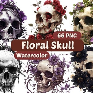 Watercolor Floral Skull Clipart | Skull PNG | PNG Bundle | Floral PNG | Watercolor Art | Spooky Halloween Skulls Png | Hallowen Clipart