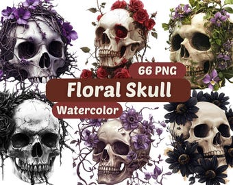 Watercolor Floral Skull Clipart | Skull PNG | PNG Bundle | Floral PNG | Watercolor Art | Spooky Halloween Skulls Png | Hallowen Clipart