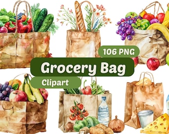 Grocery Bag Clipart | Grocery PNG | Tote Bag PNG | PNG Bundle | Food Clipart | Food Graphics | Supermarket Shopping Clipart | Bag Graphic