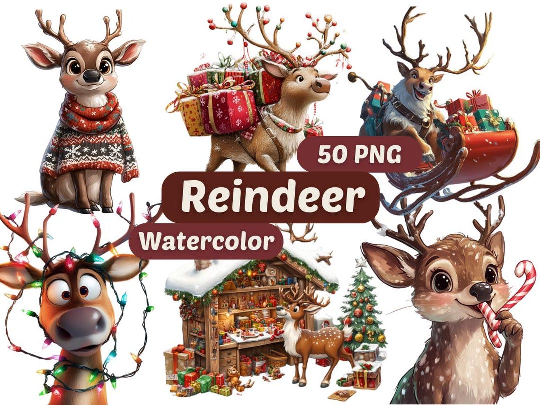 Christmas Reindeer Watercolor Clipart | Reindeer PNG | PNG Bundle ...
