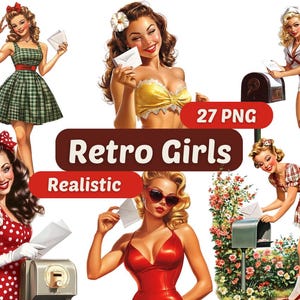 Retro Mädchen Clipart | Retro Frauen Charakter | PNG-Bundle | Digitaler Download | Aquarell Kunst | Realistische Retro Mädchen