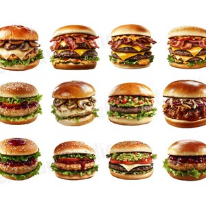 May include: Ten different types of gourmet burgers with various toppings, including bacon, mushrooms, guacamole, and lettuce. The burgers are all stacked high and look delicious.