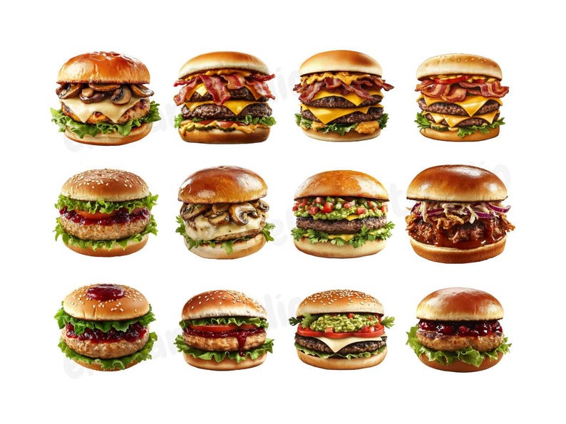 May include: Ten different types of gourmet burgers with various toppings, including bacon, mushrooms, guacamole, and lettuce. The burgers are all stacked high and look delicious.