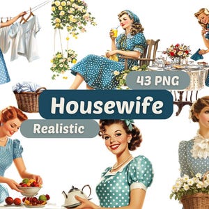 Blau Polka Dot Hausfrau Clipart | Retro Frauen Charakter | PNG-Bundle | Polka Kleid Hausfrau PNG | Aquarell Kunst | Realistische Retro Mädchen