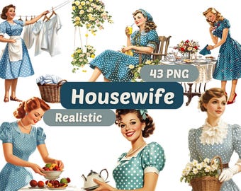 Blue Polka Dot Housewife Clipart | Retro Women Character | PNG Bundle | Polka Dress Housewife PNG | Watercolor Art | Realistic Retro Girls