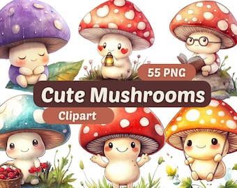 Cute Mushroom Clipart | Cute Mushroom PNG | PNG Bundle | Mushroom | Cute Mushroom Graphics | Mushroom Design | Kawaii  Mushroom Illustration