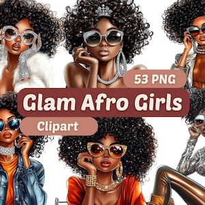 Glam Afro Girl Clipart | Afro Girl PNG | PNG Bundle | Black Girl PNG | Afro Black Girl Clipart | Fashionable Girl Graphics