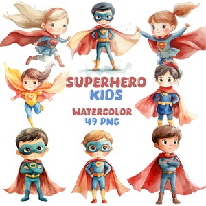 Superhelden Kinder Aquarell Clipart | Superhelden Aufkleber | PNG-Bundle | Digitaler Download | Aquarell Kunst | Niedliche Kinder PNG | Kommerzielle Nutzung