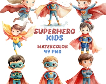 Superhero Kids Watercolor Clipart | Superhero Sticker | PNG Bundle | Digital Download | Watercolor Art | Cute Kids PNG | Commercial Use