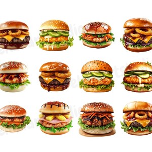 May include: A collection of 12 different gourmet burgers with various toppings, including lettuce, tomato, onion rings, pickles, and cheese. The burgers are all on white sesame seed buns.
