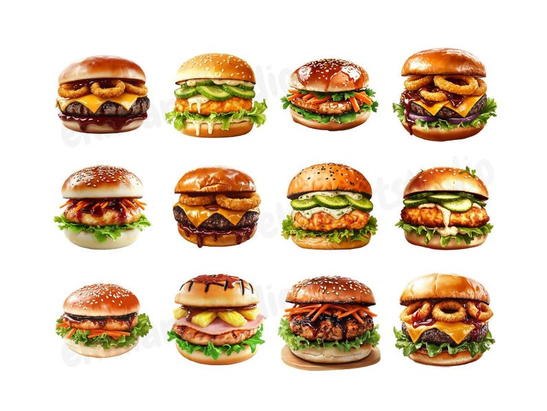May include: A collection of 12 different gourmet burgers with various toppings, including lettuce, tomato, onion rings, pickles, and cheese. The burgers are all on white sesame seed buns.