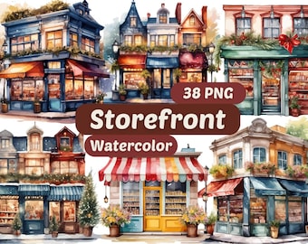 Storefronts Watercolor Clipart | PNG Bundle | Shop Front Illustrations | Digital Store Graphics | Watercolor Art | Boutique Design PNG