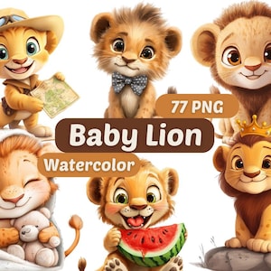 Clipart acquerello di cucciolo di leone / PNG di leone / Pacchetto PNG / Download digitale / Arte ad acquerello / Grafica di leone / PNG di animali
