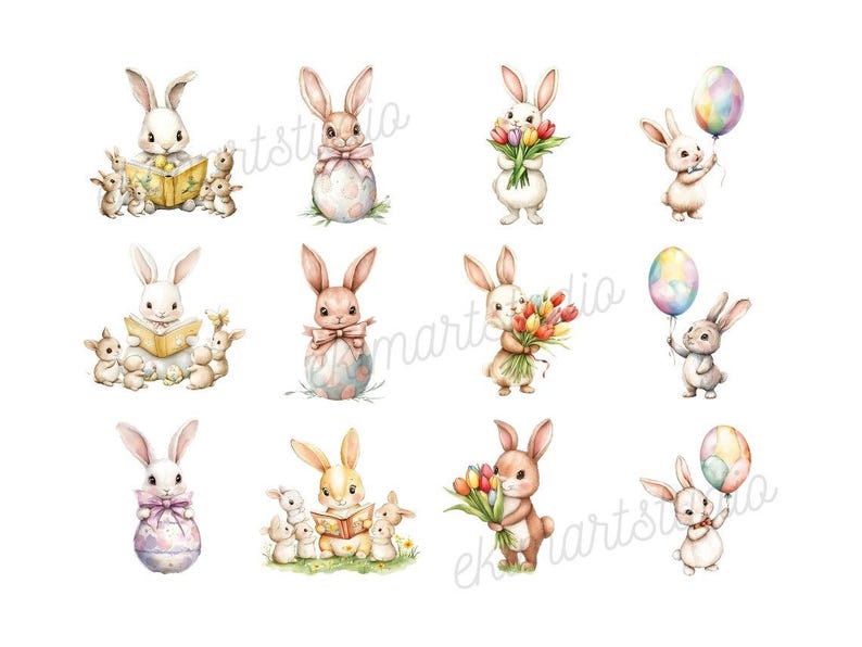 Cute Bunny Watercolor Clipart | Sticker | PNG Bundle | Digital Download ...