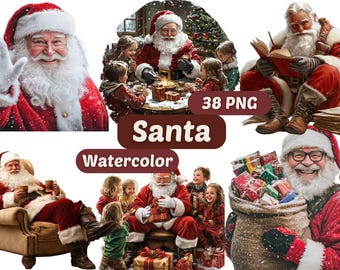 Christmas Santa Watercolor Clipart | Santa PNG | PNG Bundle | Santa Claus Clipart | Christmas Clipart | Santa Graphics