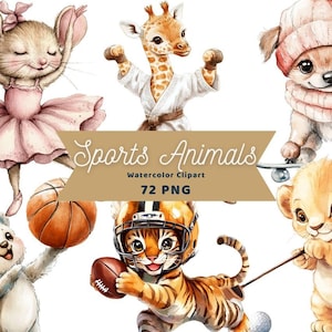 Esportes animais aquarela clipart | Clipart de esportes | Pacote PNG | Download Digital | Arte em aquarela | Animais Atléticos | Uso comercial