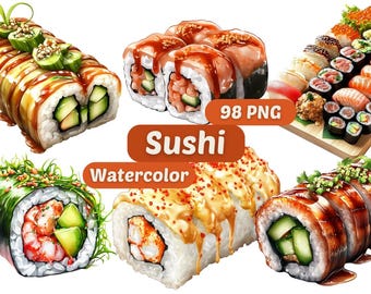 Sushi Watercolor Clipart | Sushi Roll PNG | PNG Bundle | Food Clipart | Watercolor Clipart | Japanese Food Graphics