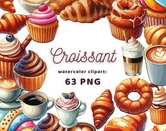 May include: Watercolor clipart set of 63 PNG images featuring croissants, coffee, and pastries. The images are in a variety of colors and styles, including a classic croissant, a chocolate croissant, a coffee cup with a heart design, and a cupcake with pink frosting.