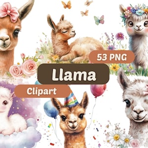 Llama Watercolor Clipart | Llama Animal PNG | PNG Bundle | Baby Llama | Watercolor Art | Alpaca PNG | Cute Alpaca Graphics | Animal Clipart