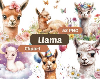 May include: A set of 53 digital clipart images featuring cute watercolour illustrations of llamas in various poses and settings. The llamas are depicted with flowers, stars, and party hats. The text "Llama Clipart" is included in the image.