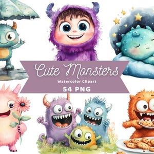 Niedliche Monster Aquarell Clipart | Aufkleber | PNG-Bundle | Digitaler Download | Aquarell Kunst | Aquarell süßes Monster PNG | Kommerzielle Nutzung