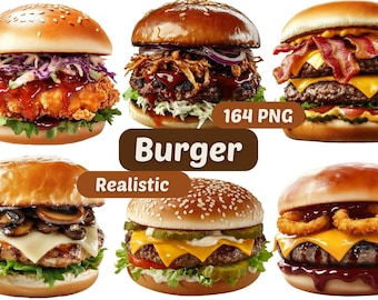 Clipart realistico di hamburger / PNG di hamburger succoso / PNG di hamburger / Pacchetto PNG / Clipart di cibo / Grafica di hamburger