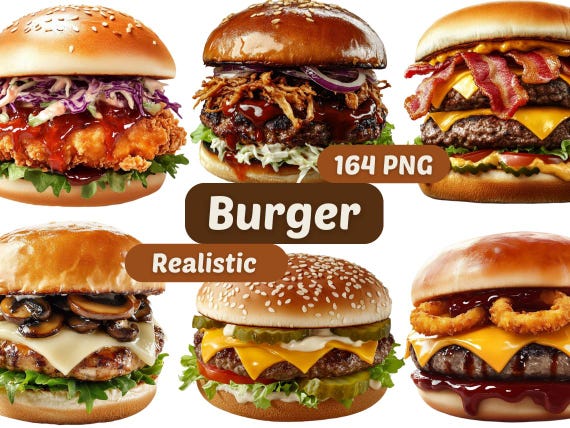 Burger Realistic Clipart | Juicy Hamburger PNG | Burger PNG | PNG Bundle | Food Clipart | Burgers Graphics