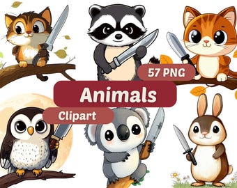 Animals with Knife Clipart | Funny Animals PNG | PNG Bundle | Cute Animals | Funny Animals | Funny Animals Graphics