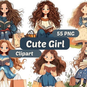 Cute Girl Clipart | Curly Hair Girl Clipart | PNG Bundle | Messy Hair Girl Png | PNG Art | Cute Girl PNG | Cute Graphics | Girl Clipart
