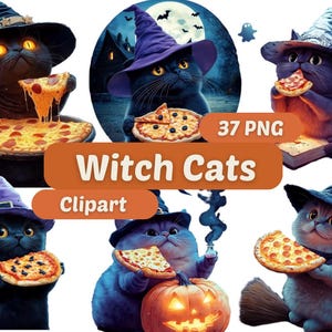 Witch Cats holding Pizza Clipart | Cute Animals PNG | PNG Bundle | Cute Witch Cat | Witch Animals | Cute Animal Graphics | Animal Graphics