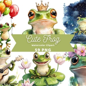 Süßer Frosch Aquarell Clipart | Aufkleber | PNG-Bundle | Digitaler Download | Aquarell Kunst | Comic-Frosch | Süße Tiere PNG | Kommerzielle Nutzung
