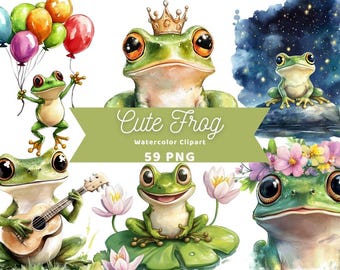 Cute Frog Watercolor Clipart | Sticker | PNG Bundle | Digital Download | Watercolor Art | Cartoon Frog | Cute Animals PNG | Commercial Use