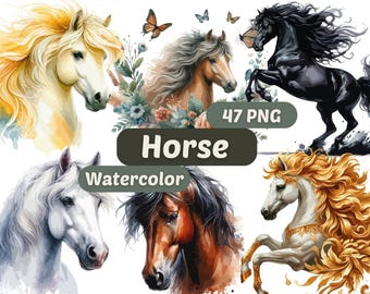 Clipart de Cavalo Aquarela | Cavalo PNG | Pacote PNG | Download Digital | Arte em Aquarela | Gráficos de Cavalo | Animal PNG