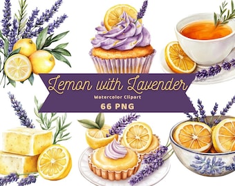 Lemon with Lavender Watercolor Clipart | Food Sticker | PNG Bundle | Digital Download | Watercolor Art | Foods with Orange | Commercial Use