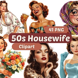 50s Housewife Clipart | Retro Women Character | PNG Bundle | Digital Download | Watercolor Art | Instant Digital Download | Commercial Use