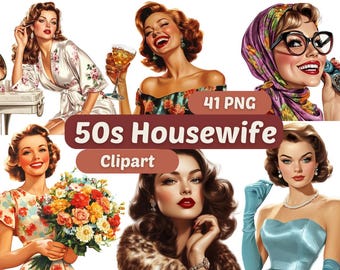 50er Jahre Hausfrau Clipart | Retro Frauen Charakter | PNG-Bundle | Digitaler Download | Aquarell Kunst | Sofortiger digitaler Download | Kommerzielle Nutzung