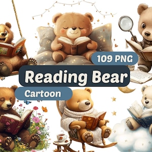 Lesender Bär Aquarell Clipart | Süßer Bär PNG | PNG-Bundle | Teddy Bär Clipart | Cartoon Bär Clipart | Teddy Bär hält Buch Grafik