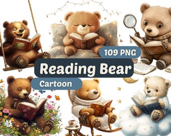 Reading Bear Watercolor Clipart | Cute Bear PNG | PNG Bundle | Teddy Bear Clipart | Cartoon Bear Clipart | Teddy Bear Holding Book Graphics